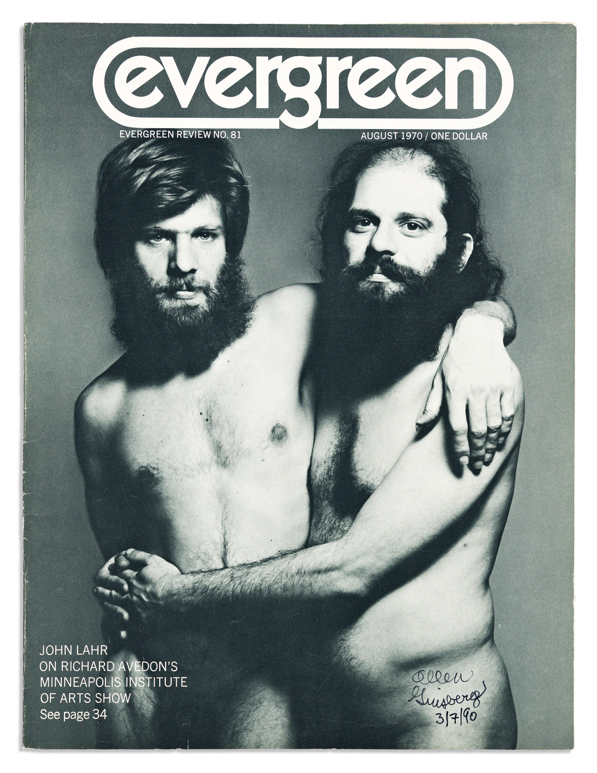 ALLEN GINSBERG (1926-1997) Signature and date on the cover of the August, 1970 issue of Evergreen magazine,